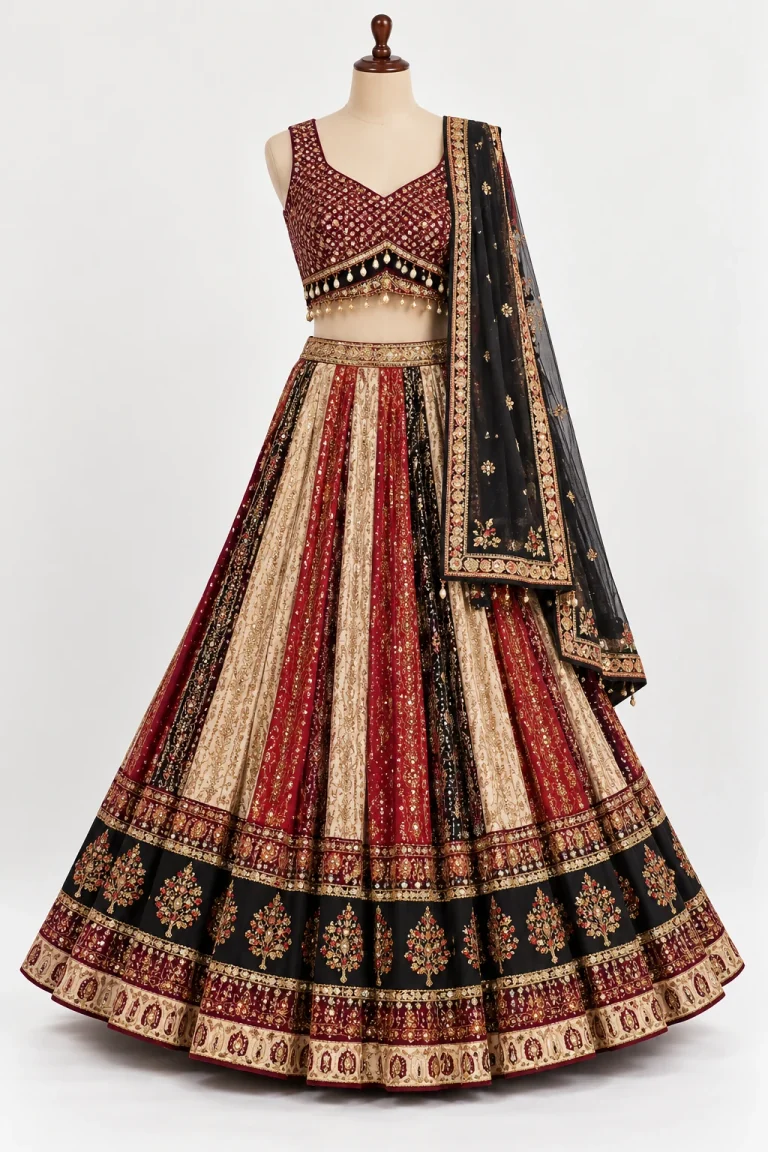 Maroon Panelled Lehenga Choli on a mannequin — the kind of photo you upload