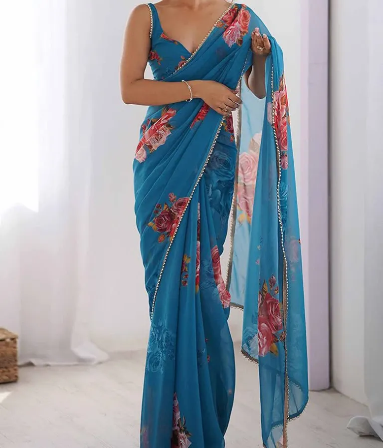 Teal Floral Saree before