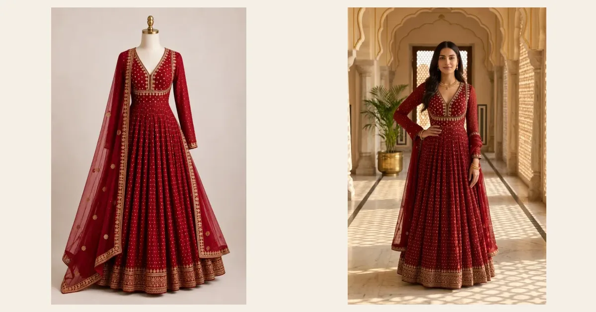 A red anarkali with gold border and dupatta on a mannequin, and the same anarkali as an AI photoshoot in a palace corridor