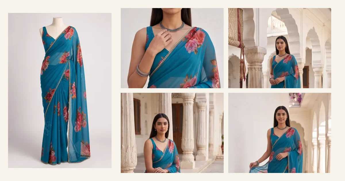 A teal floral saree on a mannequin beside four AI catalogue images of the same saree — front, detail, border and back — generated from that single photo.