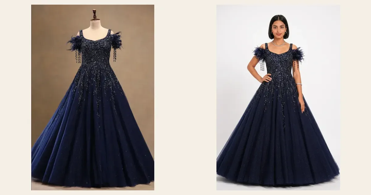 A navy sequinned gown on a mannequin, and the same gown as an AI photoshoot on a model in a white studio