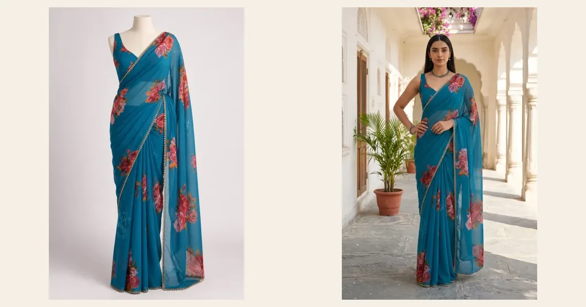 A teal floral georgette saree on a mannequin, and the same saree as an AI photoshoot on a model by white arches
