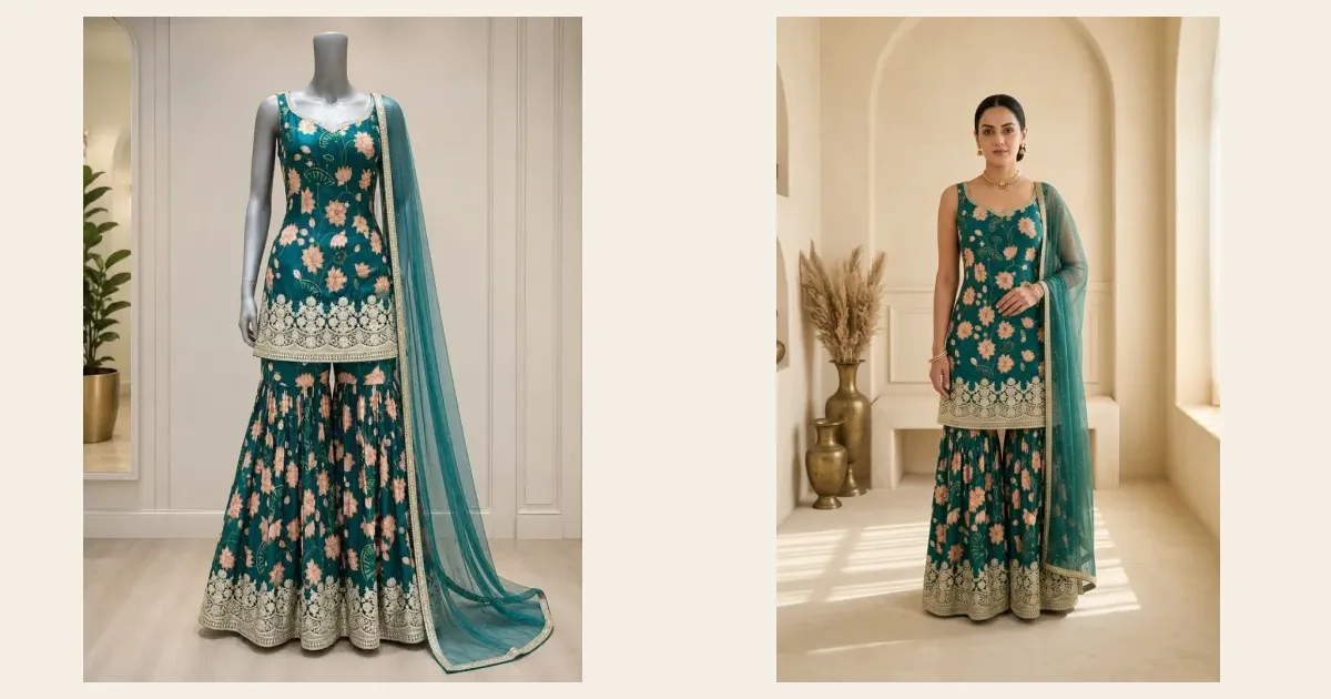 A teal sharara set with a net dupatta on a mannequin, and the same sharara as an AI model photo on an Indian model